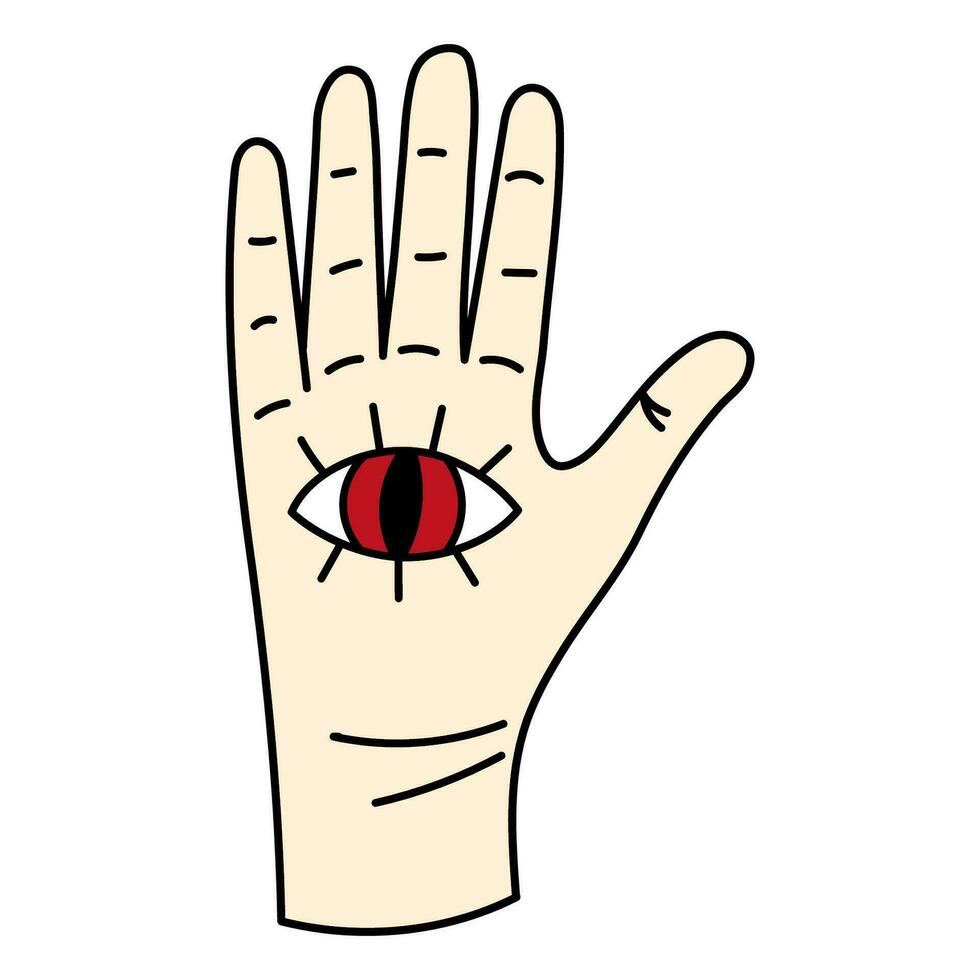 Cute doodle illustration in flat style, hand with red demon eye isolated on white background. Witch items, witchcraft. vector
