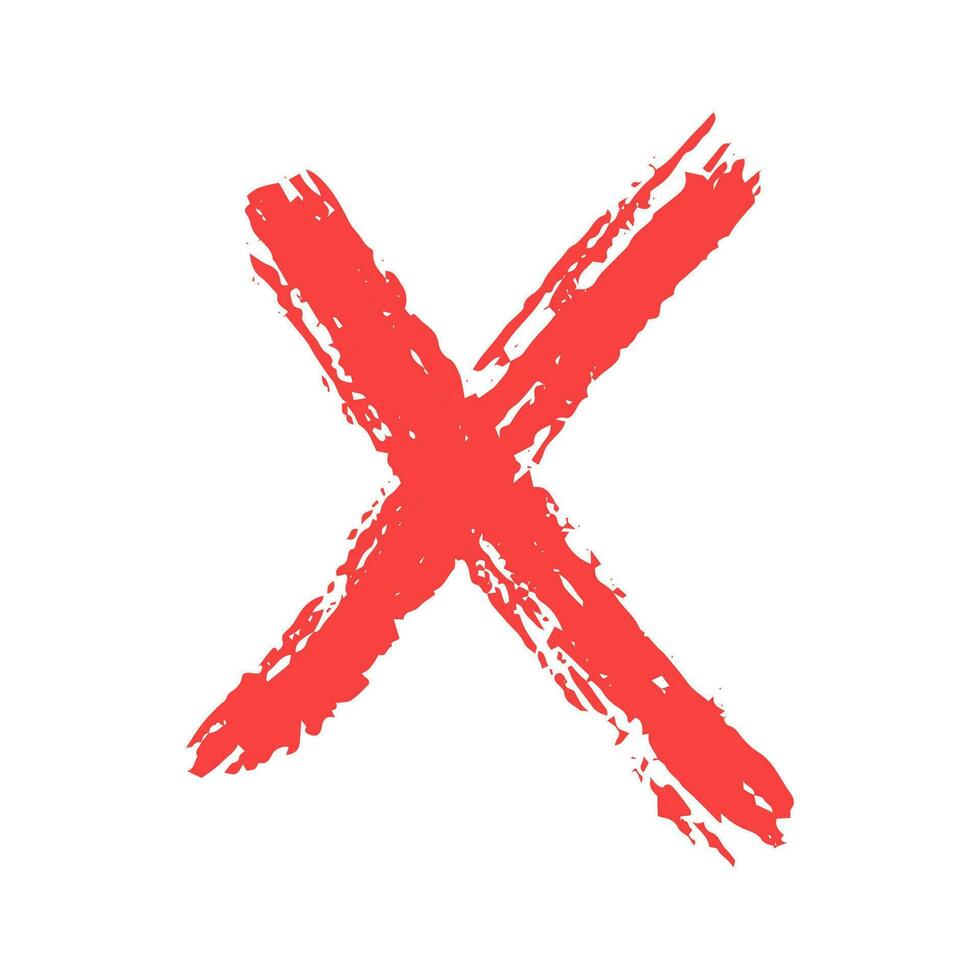 Red textured cross isolated on white background. Checkmark, vector element with jagged edges drawn with a dry brush, voice.