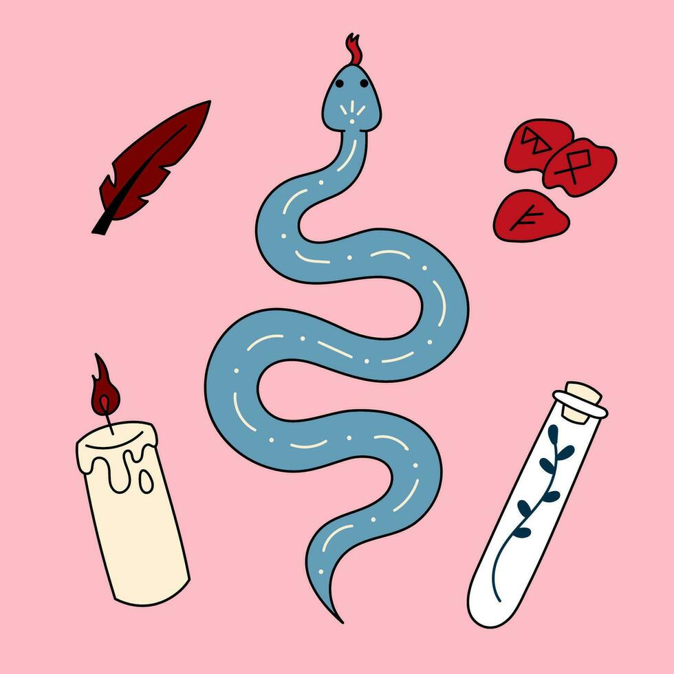 Cute doodle illustration in flat style, clipart set of snake, runes, feather, candle and herbs in a test tube on a pink background, fortune telling. Witch items, witchcraft. vector