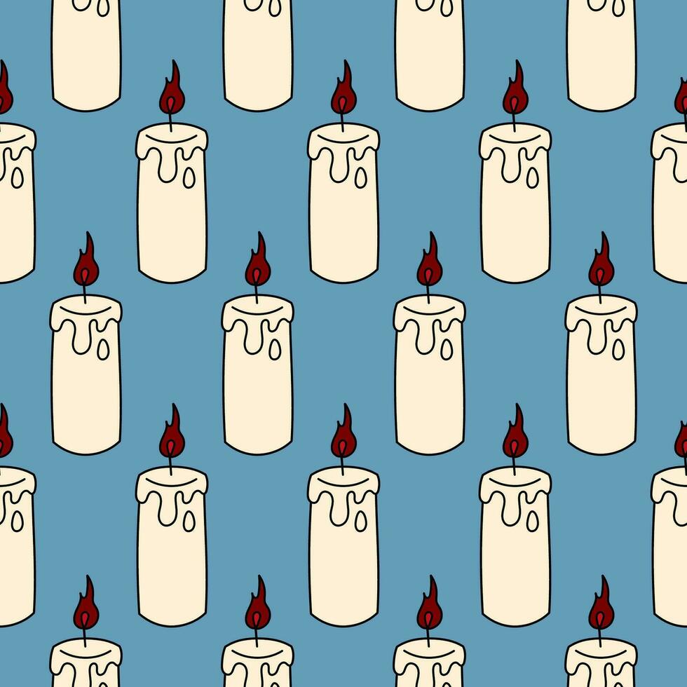 Cute doodle illustration in flat style, seamless pattern of burning candles on a blue background. Witch items, witchcraft. vector