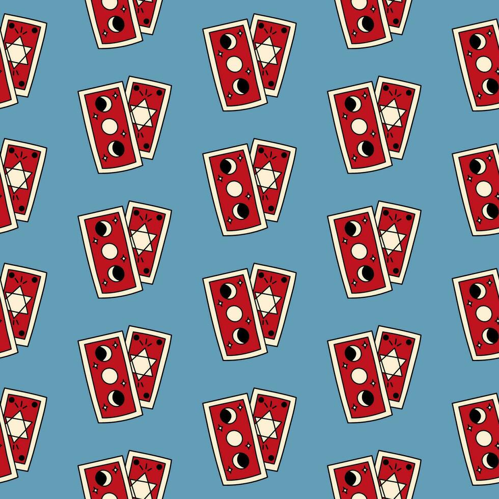 Cute doodle illustration in flat style, seamless pattern red tarot cards on blue background, fortune telling. Witch items, witchcraft. vector