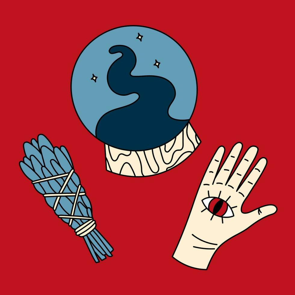 Cute doodle illustration in flat style, clipart set of bunching herbs, hand with eye and glass magic ball on red background, fortune telling. Witch items, witchcraft. vector