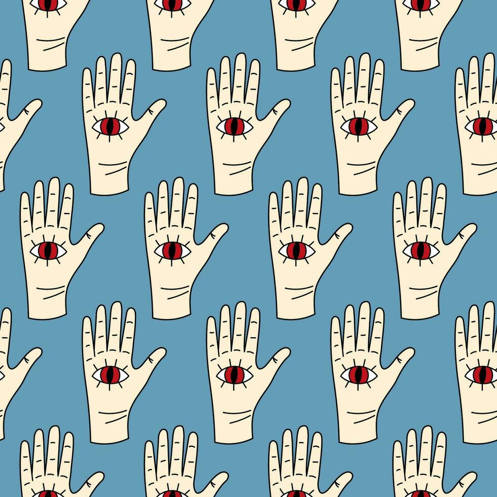 Cute doodle illustration in flat style, seamless pattern hand with red demonic eye on blue background, fortune telling. Witch items, witchcraft. vector