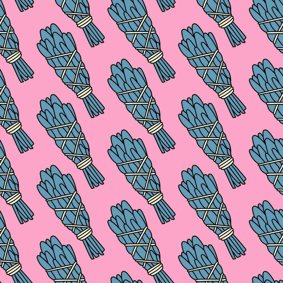 Cute doodle illustration in flat style, seamless pattern of bunch of dried magic herbs on pink background, fortune telling. Witch items, witchcraft. vector