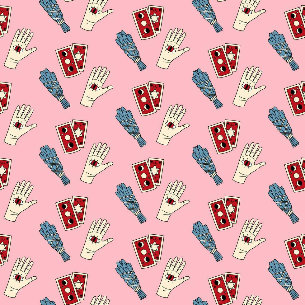 Cute doodle illustration in flat style, seamless pattern of tarot cards, dried herbs and hand with eye on pink background, fortune telling. Witch items, witchcraft. vector