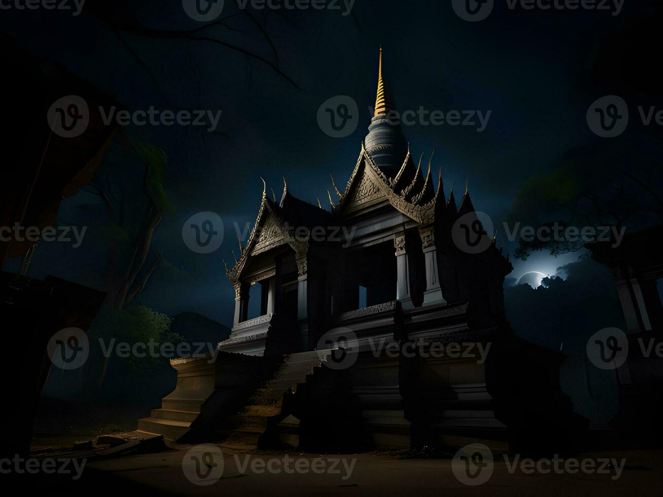 oscuro noche escena con budista templo en el selva foto