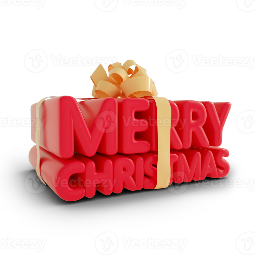 3d rendering of Merry Christmas text in the shape of gift box. Ribbon wrapped around red text isolated on transparent background. png