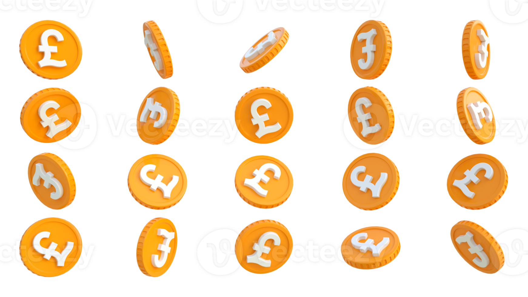3D rendering of set of abstract British pound sterling coin concept in different angles. Pound sign on coin design isolated on transparent background png