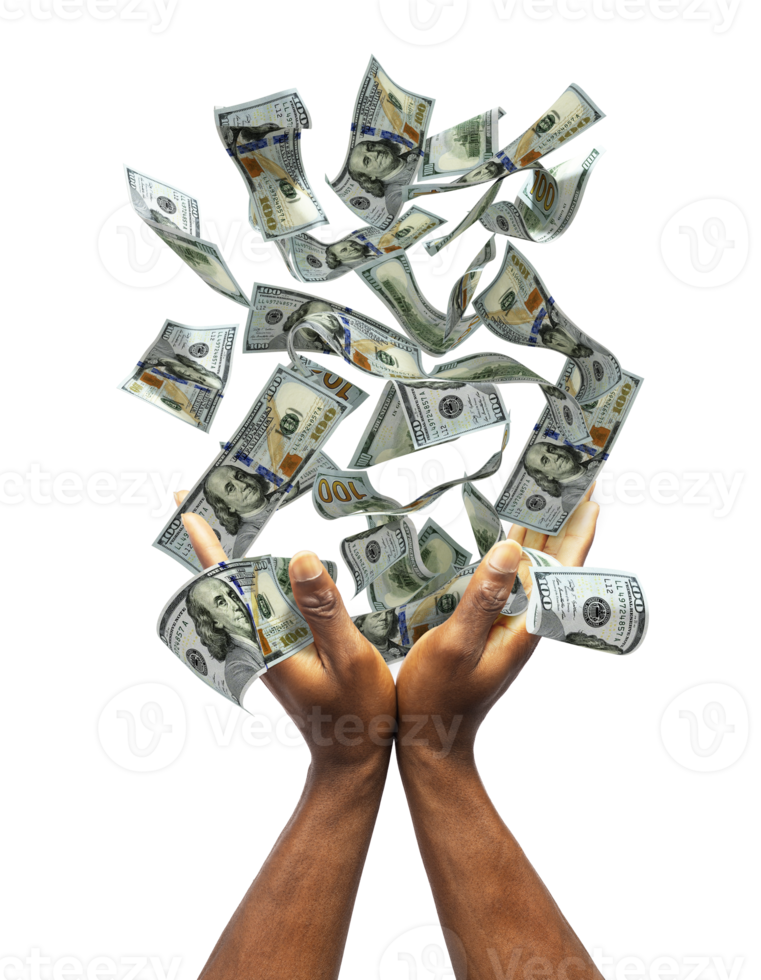 US dollar notes falling in black male hands isolated on transparent background. 3d rendered banknotes png
