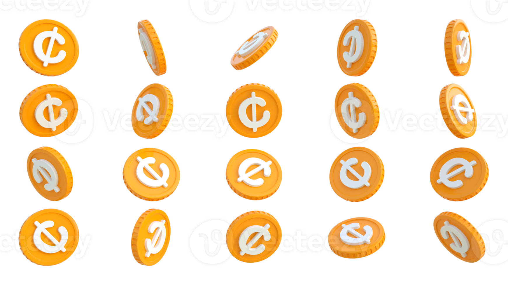 3D rendering of set of abstract Ghanaian cedi coin concept in different angles. Cedi sign on coin design isolated on transparent background png