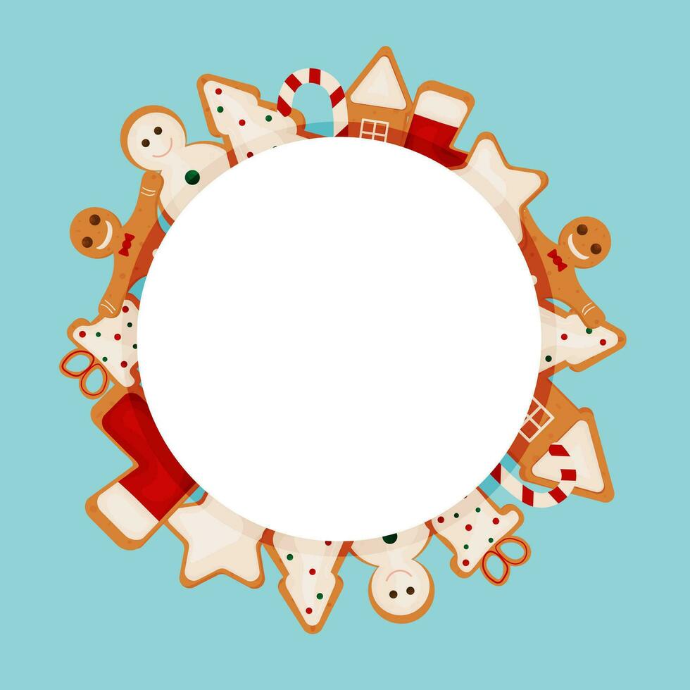 Christmas frame with a place for text and gingerbread sweets. Poster, postcard, label, background, banner on a round frame with sweets, cookies, lollipops. Vector illustration.