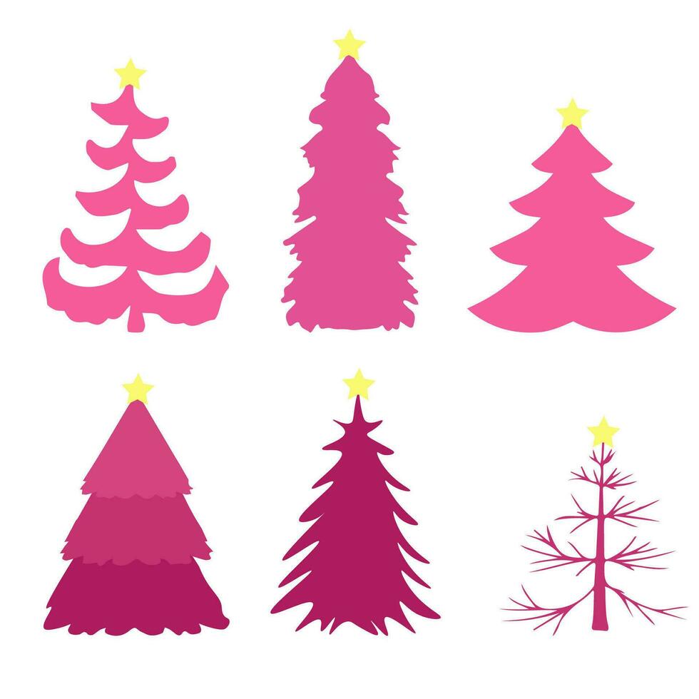 a set of different Christmas trees with a star on top. vector illustration. Pink Christmas trees