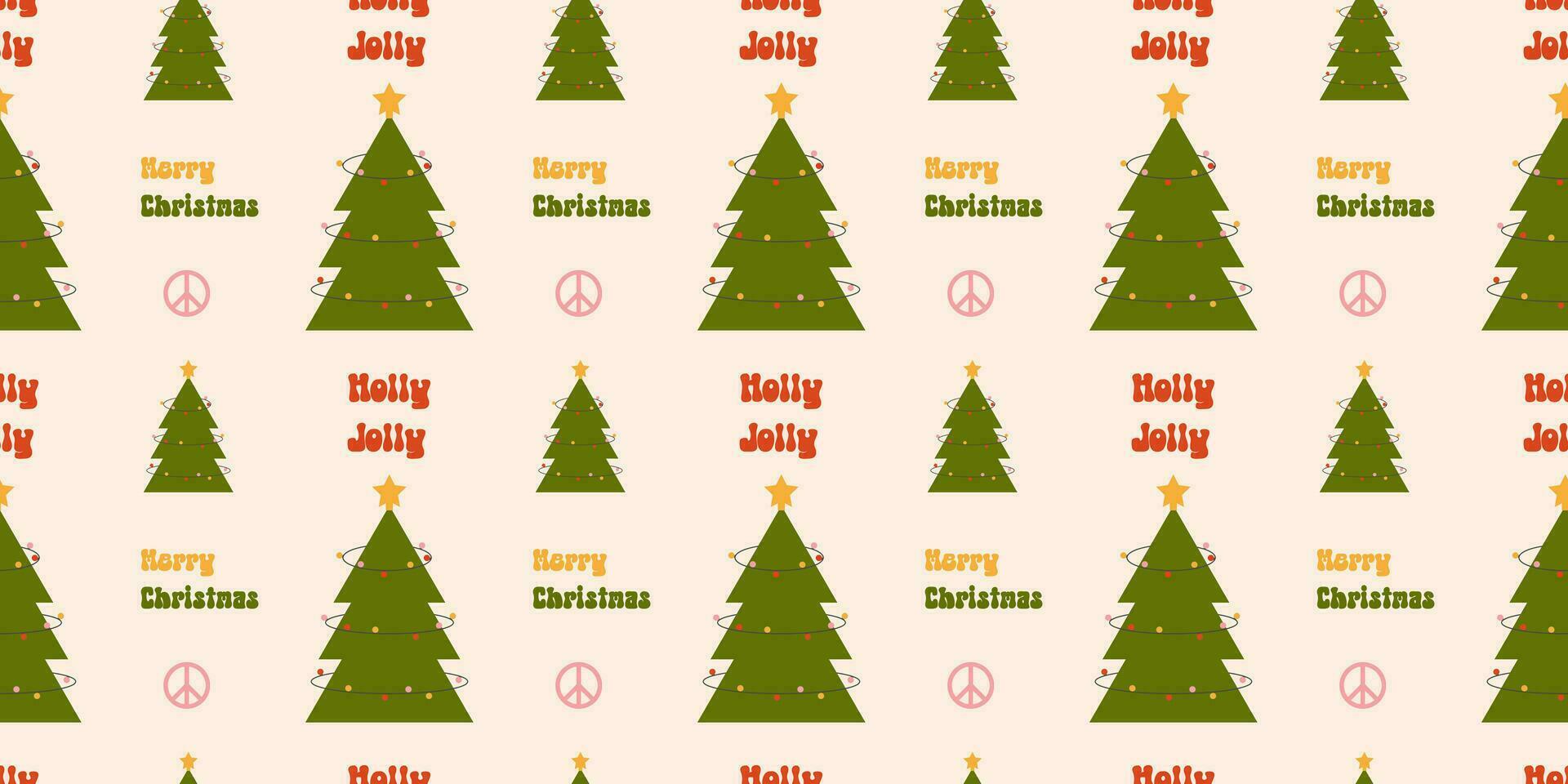 Seamless pattern with Christmas tree, peace sign, short phrases on beige background. vector