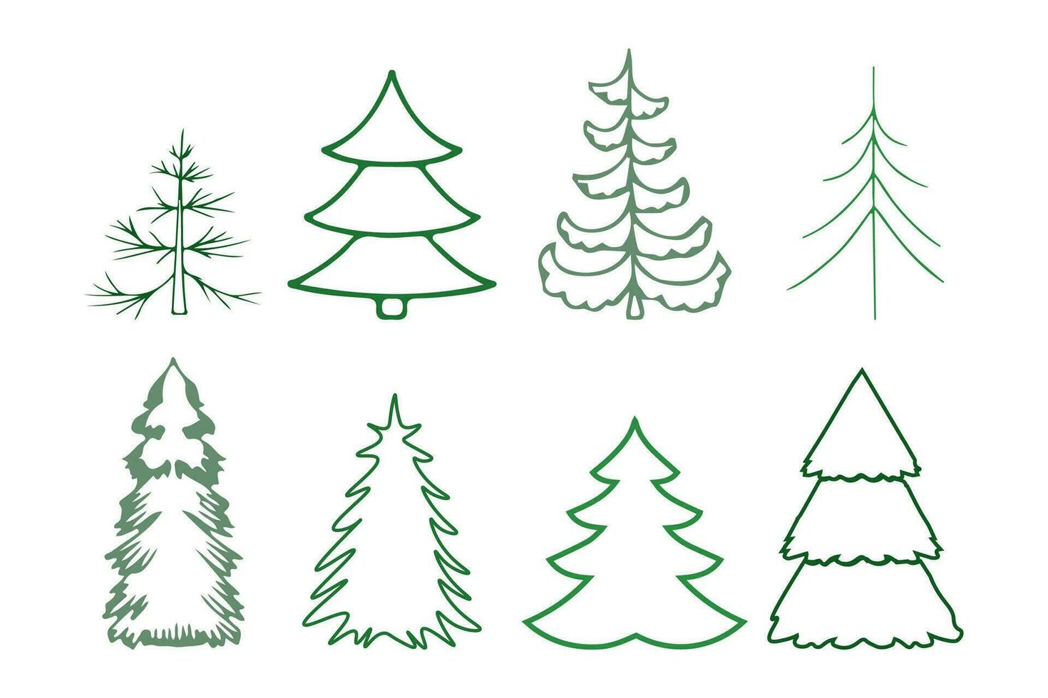 set of illustrations of Christmas tree doodles, a vector sketch line. green Christmas trees