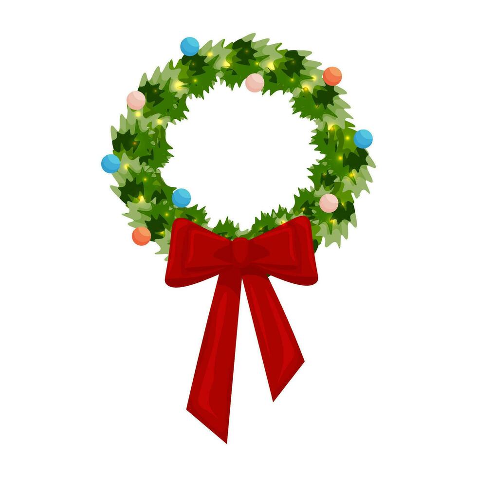 Christmas wreath for decoration. New Year's wreath with a red bow, balloons, garlands. Vector illustration isolated on a white background.