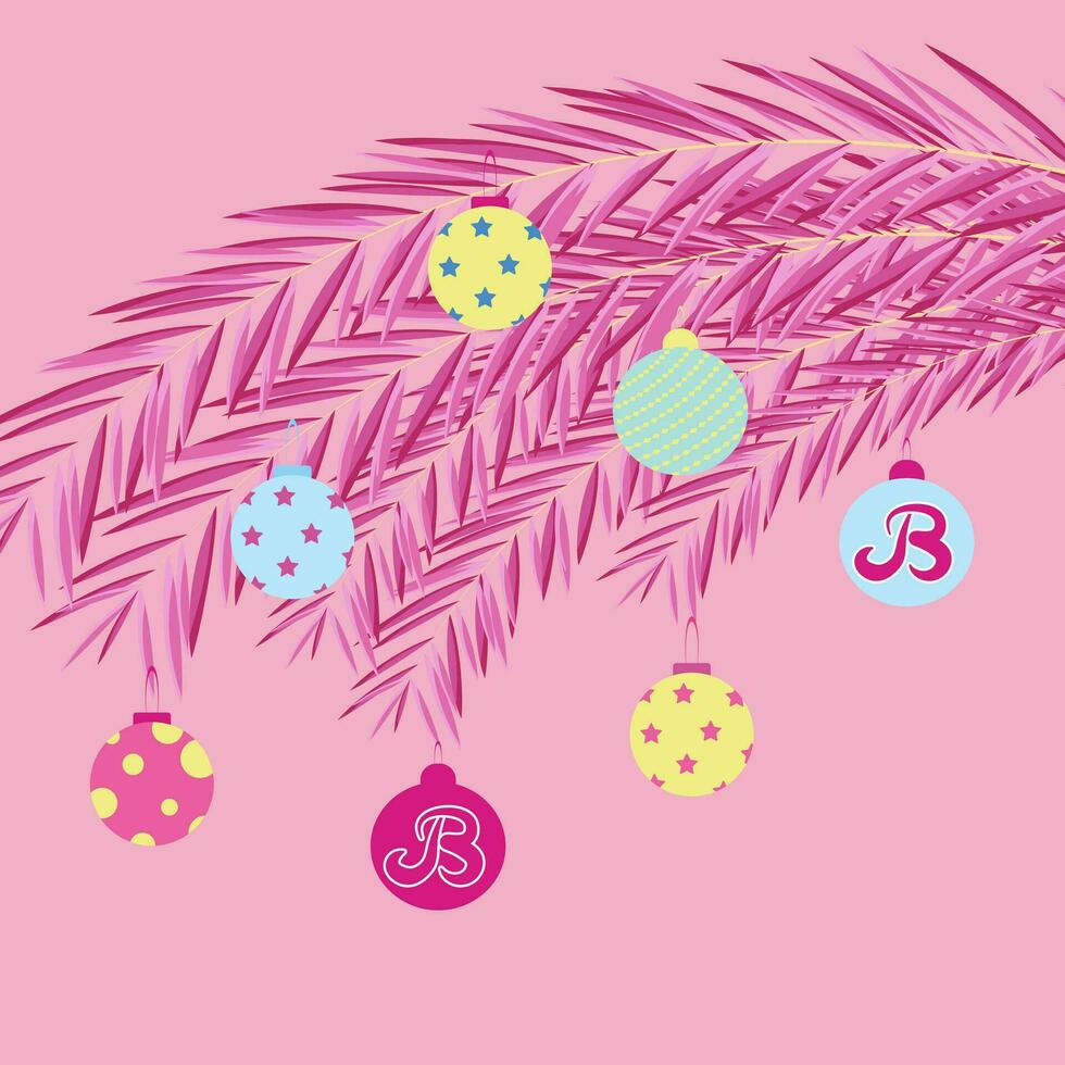 Christmas card. Pink Spruce branches on pink background. decorative Christmas toys hang on the branches. Vector illustration. Postcard design for winter greeting cards. Christmas template.