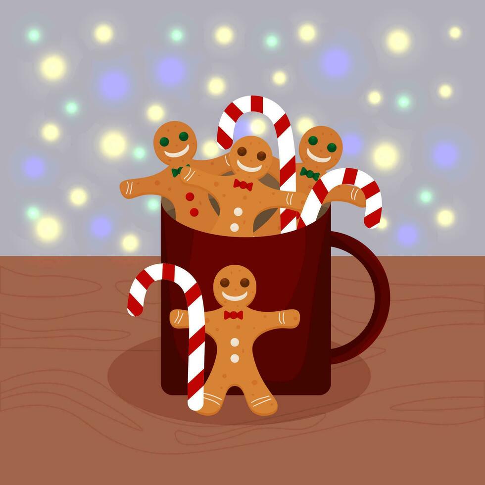 Cup of hot chocolate or cocoa with gingerbread men and sweets, a lollipop on a stick. Christmas winter hot drink. Vector illustration.