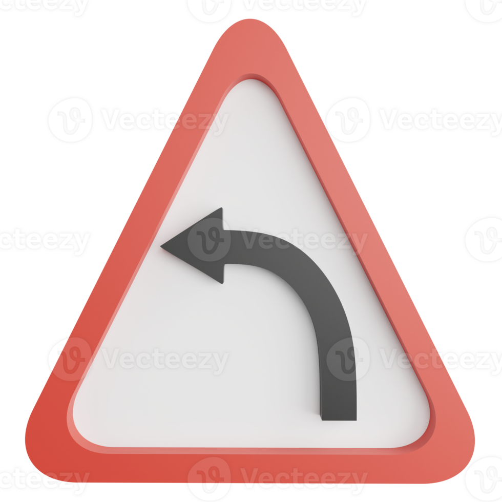 Left curve sign clipart flat design icon isolated on transparent background, 3D render road sign and traffic sign concept png