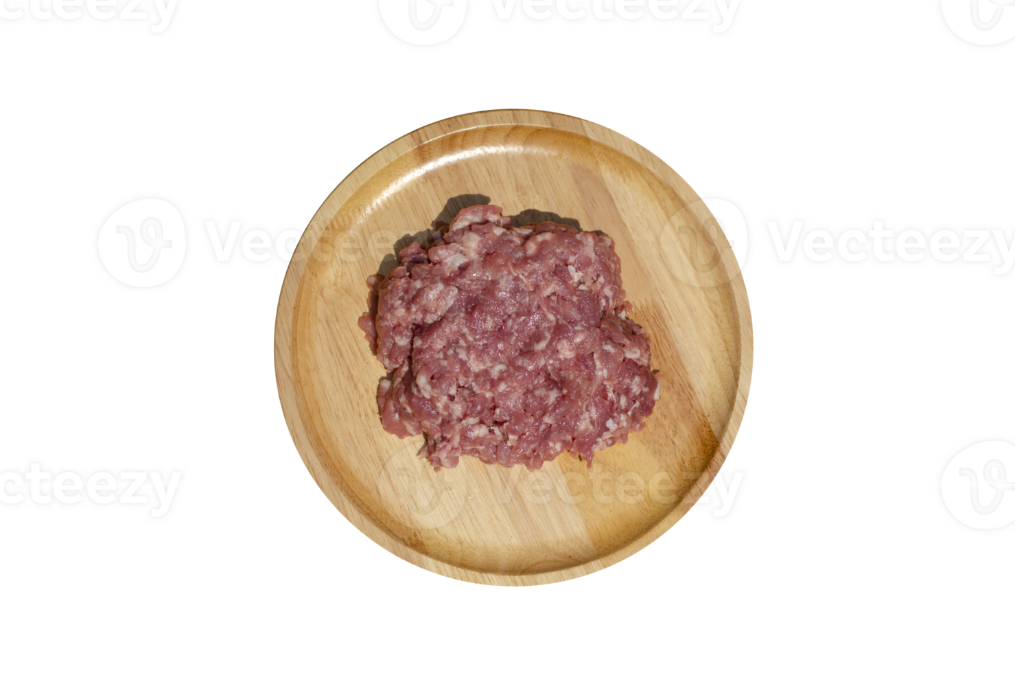 Raw fresh minced pork on a wooden plate on transparent background, Top view png