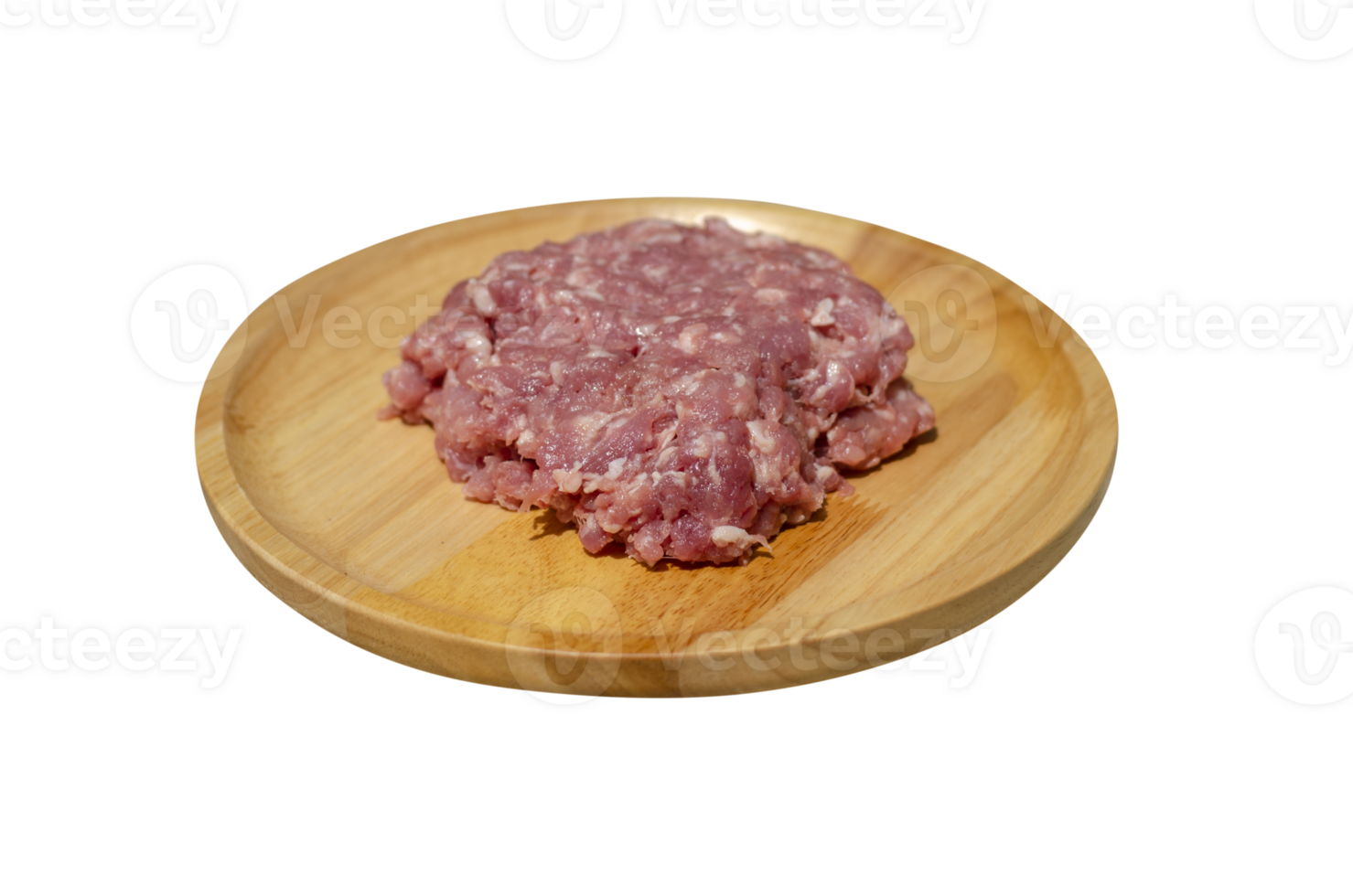 Raw fresh minced pork on a wooden plate on transparent background, side view png
