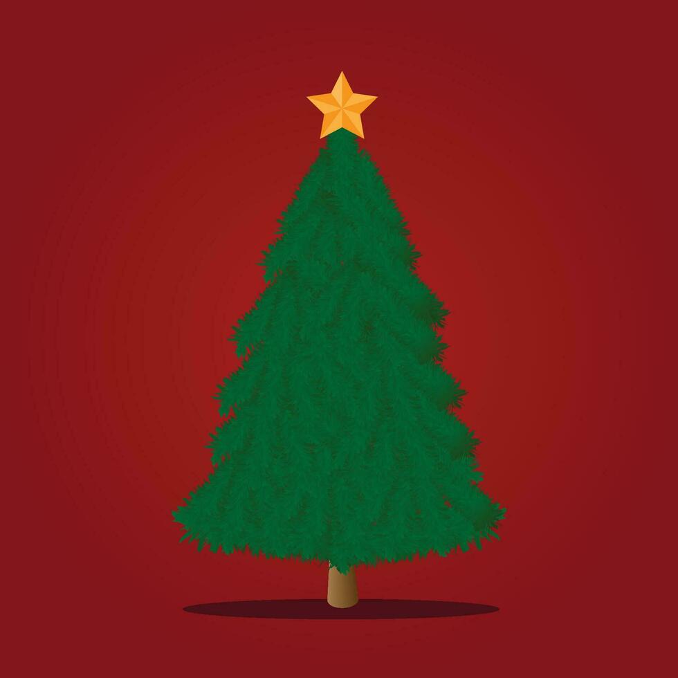 Beautiful, elegant, bright green Christmas tree with stars on tree vector illustration on red background modern design.