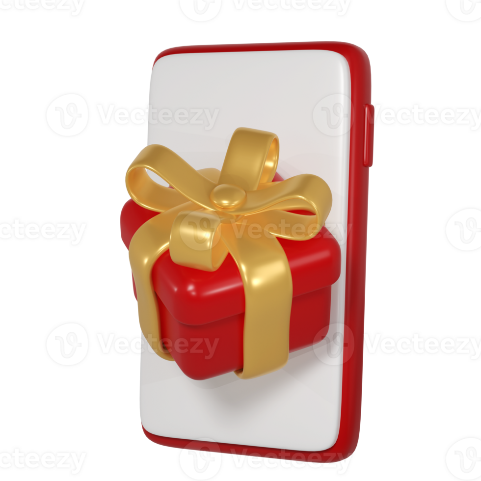 3d vermelho Natal presente caixa ícone com dourado fita arco e Smartphone. render moderno feriado. realista ícone para presente compras bandeira ou poster png