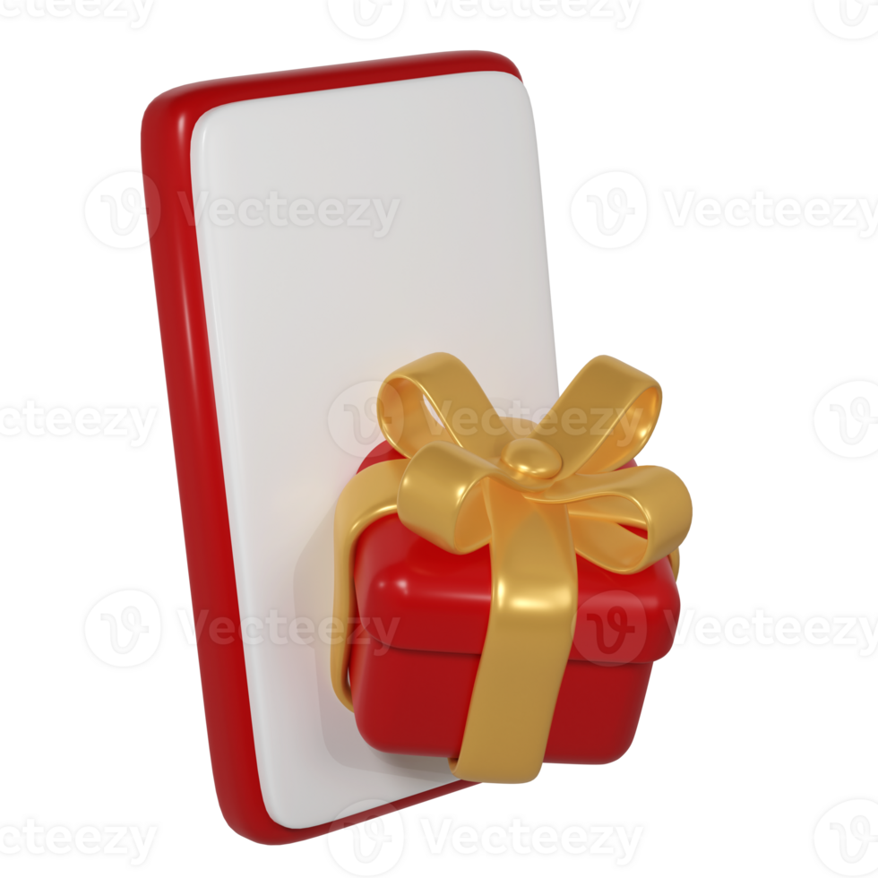 3d red Christmas gift box icon with golden ribbon bow and smartphone. Render modern holiday. Realistic icon for present shopping banner or poster png