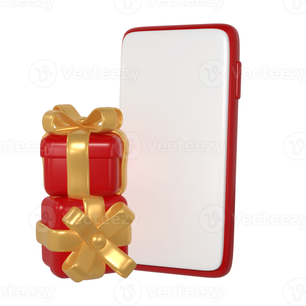 3d red Christmas mockup gift boxes icon with golden ribbon bow and smartphone. Render modern holiday. Realistic icon for present shopping banner or poster png