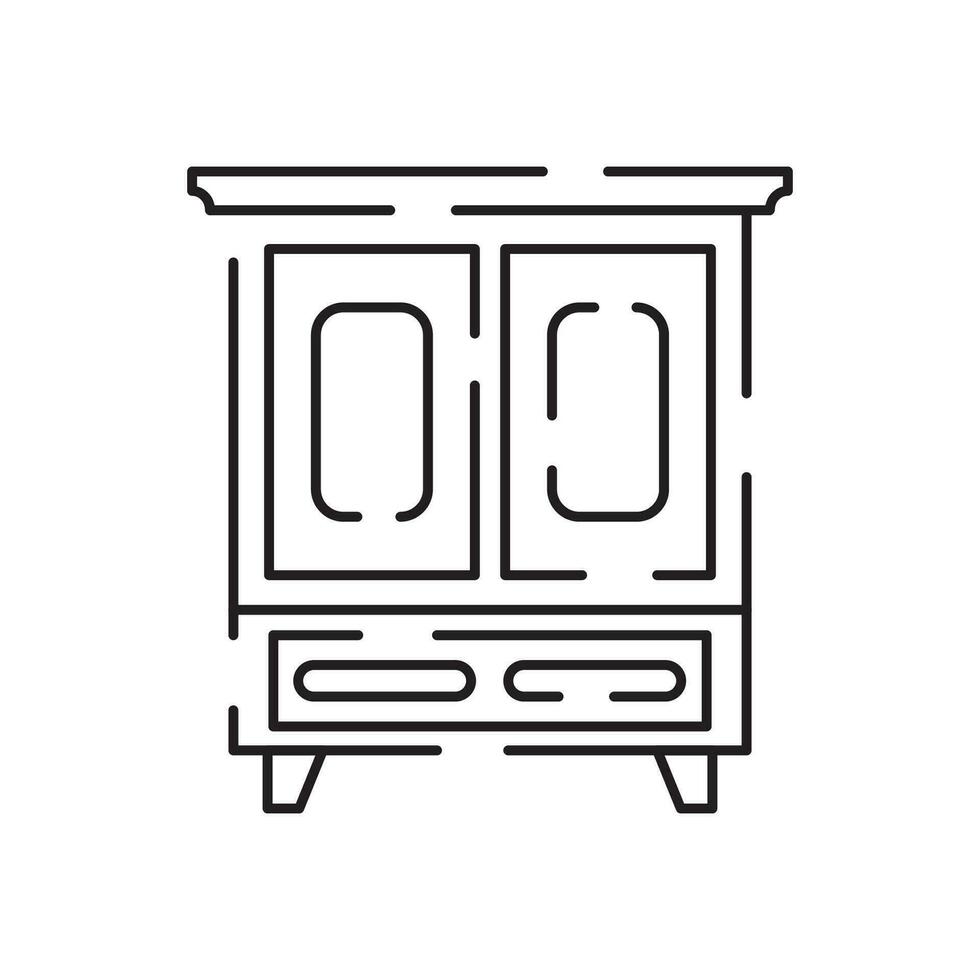 Home furniture line icon. Editable stroke. Sofa or drawers, cabinet, table, workplace, window, ceiling light and tv table. vector