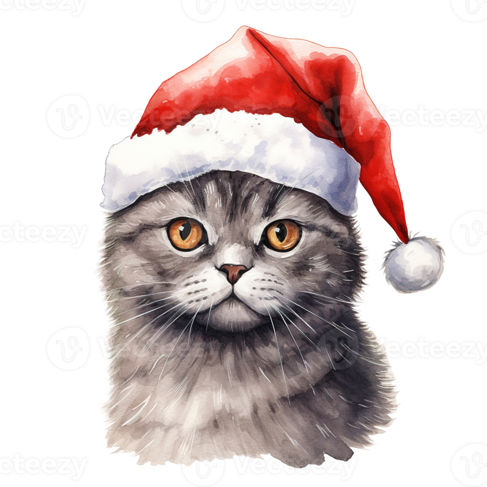 Cat Wearing Santa Hat For Christmas Event. Watercolor Style. AI Generated png