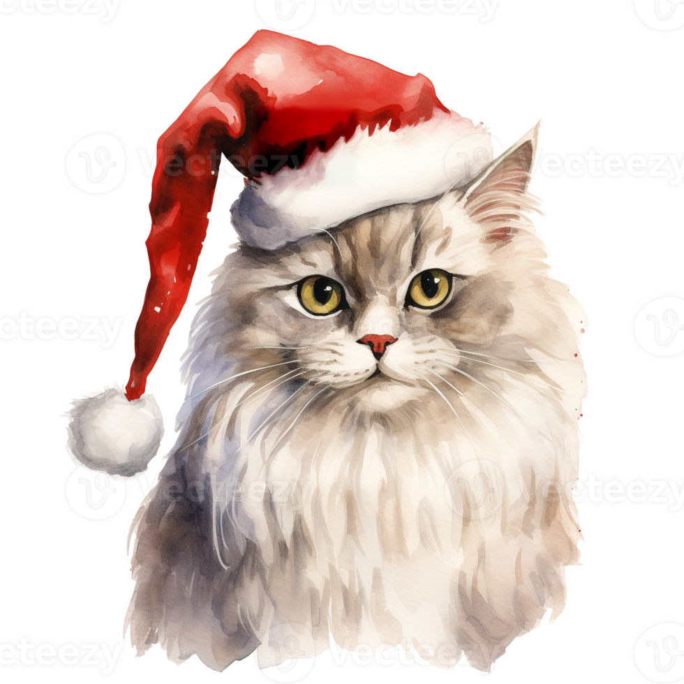 Cat Wearing Santa Hat For Christmas Event. Watercolor Style. AI Generated png