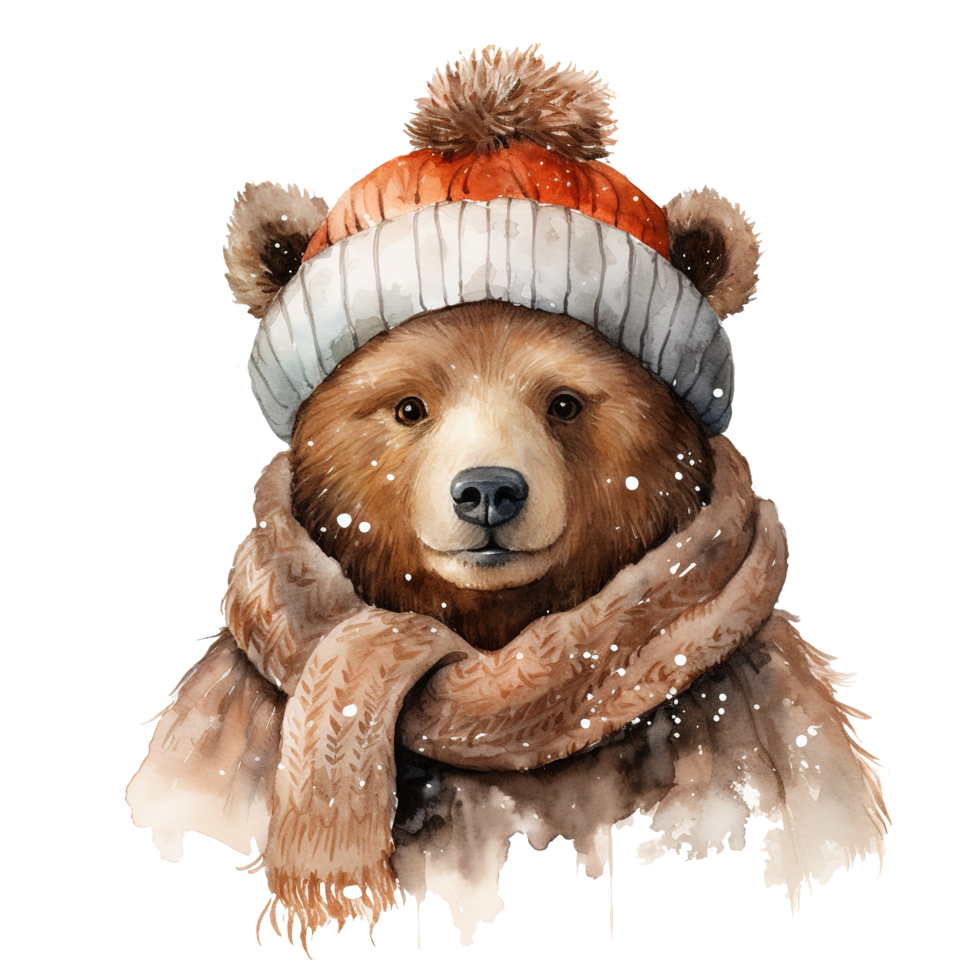 Bear Wearing Winter Clothes For Christmas Event. Watercolor Style. AI Generated png