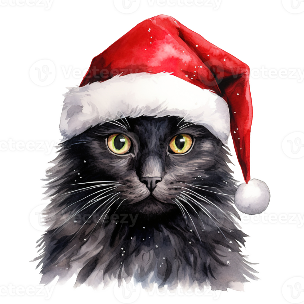 Cat Wearing Santa Hat For Christmas Event. Watercolor Style. AI Generated png