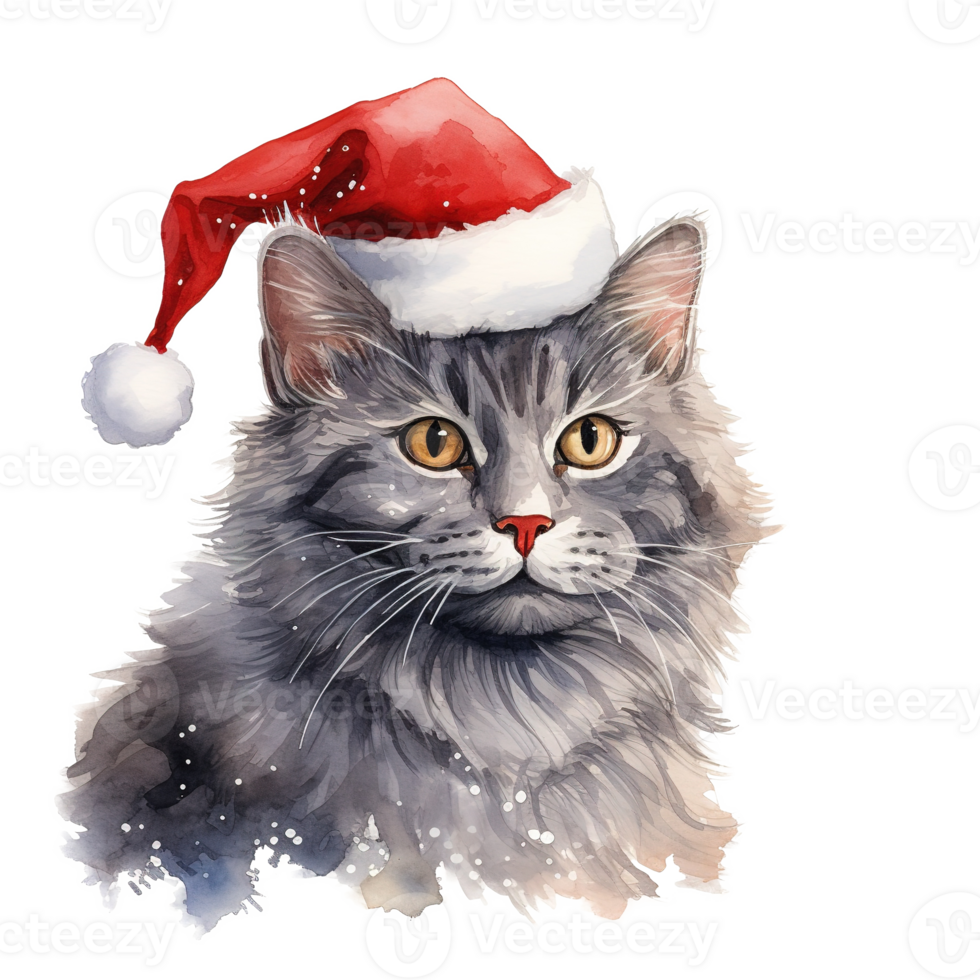 Cat Wearing Santa Hat For Christmas Event. Watercolor Style. AI Generated png