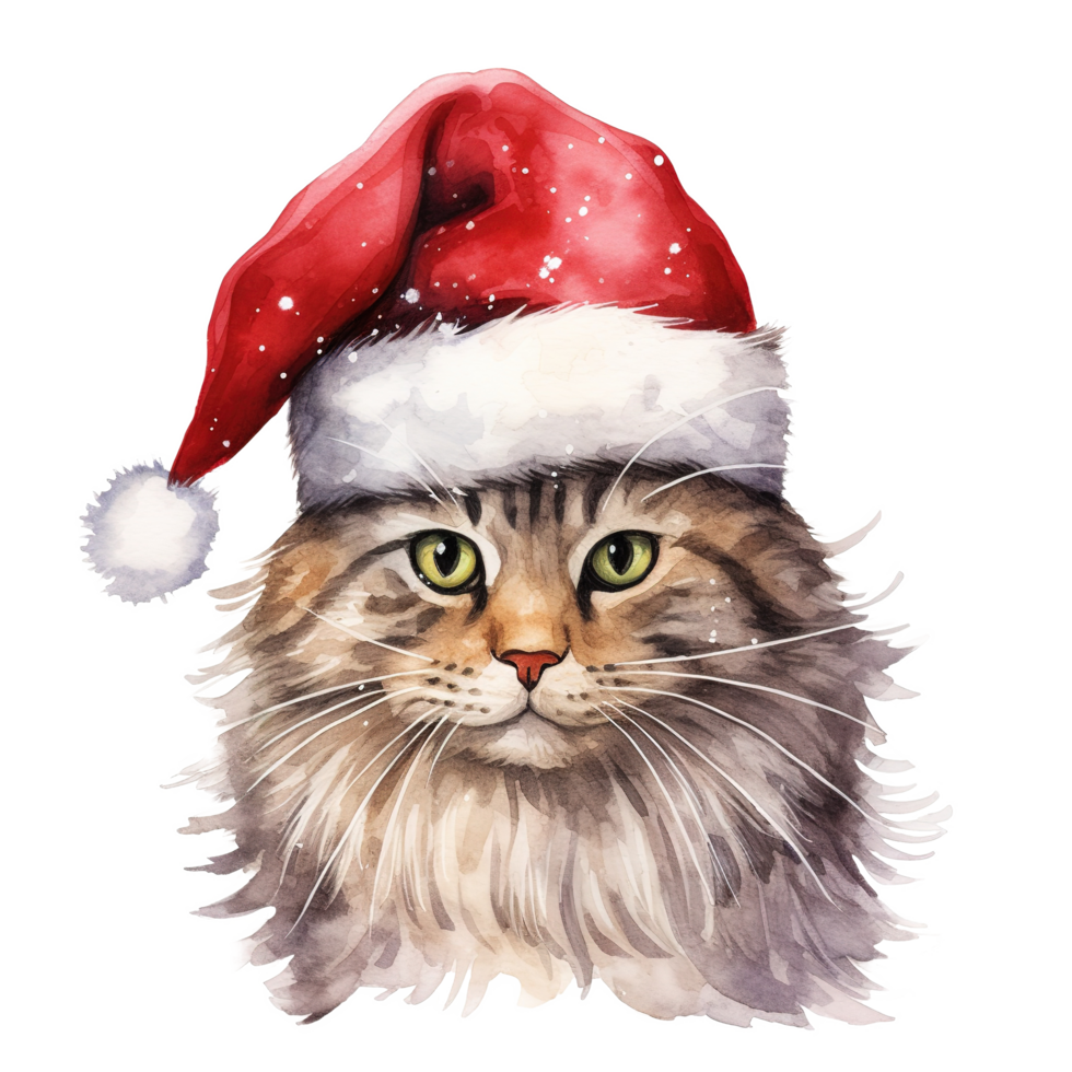 Cat Wearing Santa Hat For Christmas Event. Watercolor Style. AI Generated png