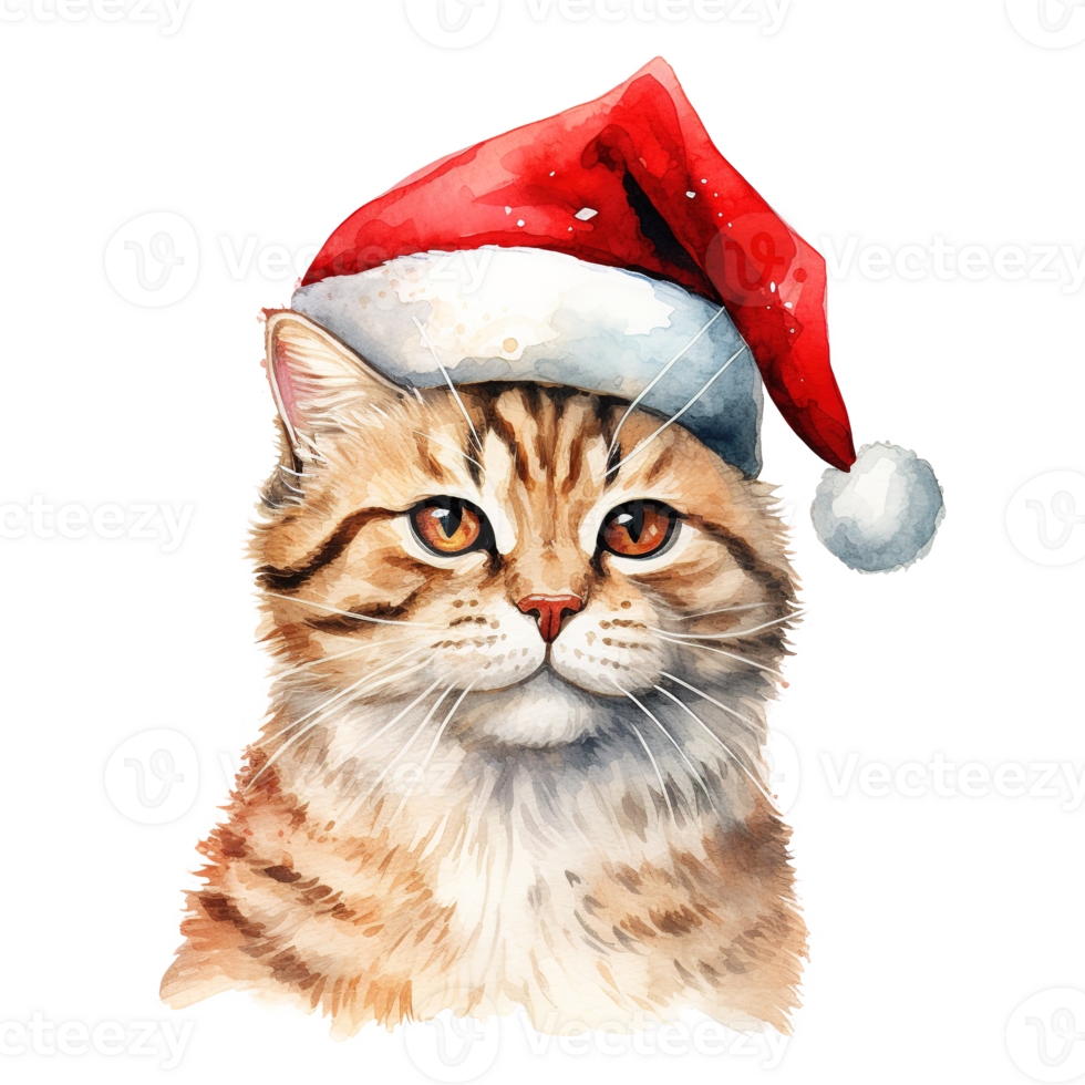 Cat Wearing Santa Hat For Christmas Event. Watercolor Style. AI Generated png