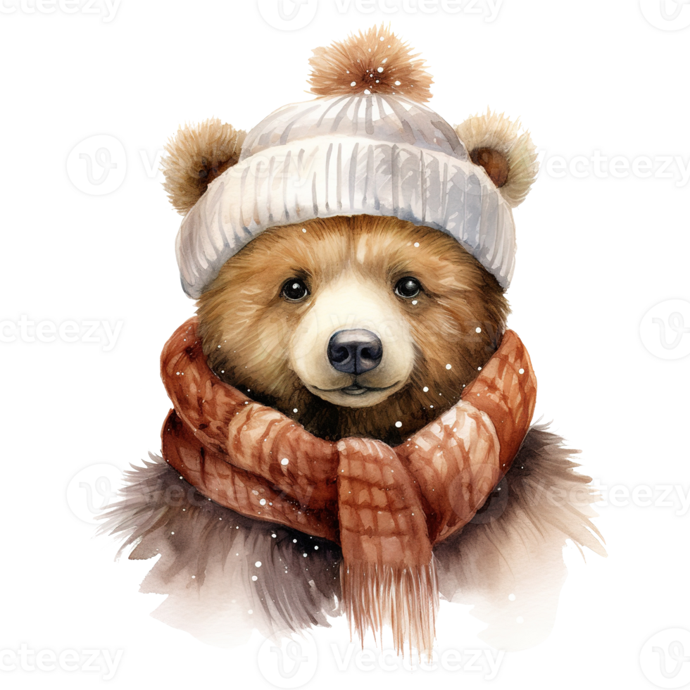 Bear Wearing Winter Clothes For Christmas Event. Watercolor Style. AI Generated png
