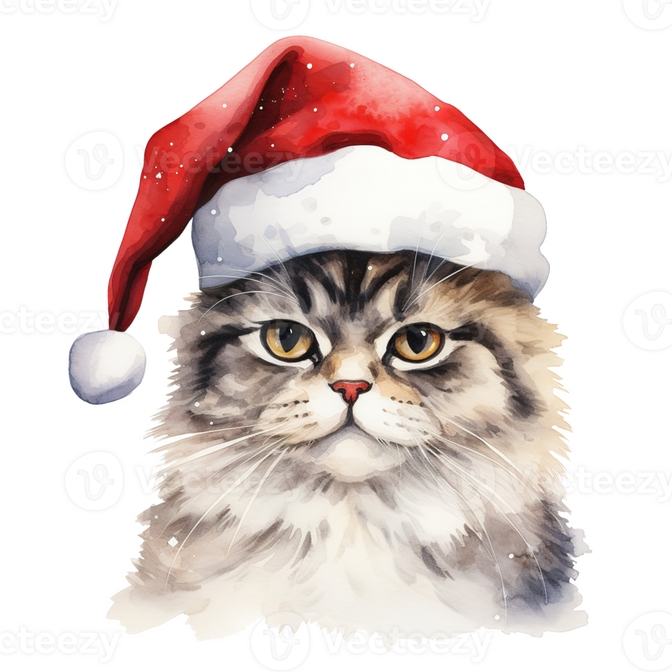 Cat Wearing Santa Hat For Christmas Event. Watercolor Style. AI Generated png