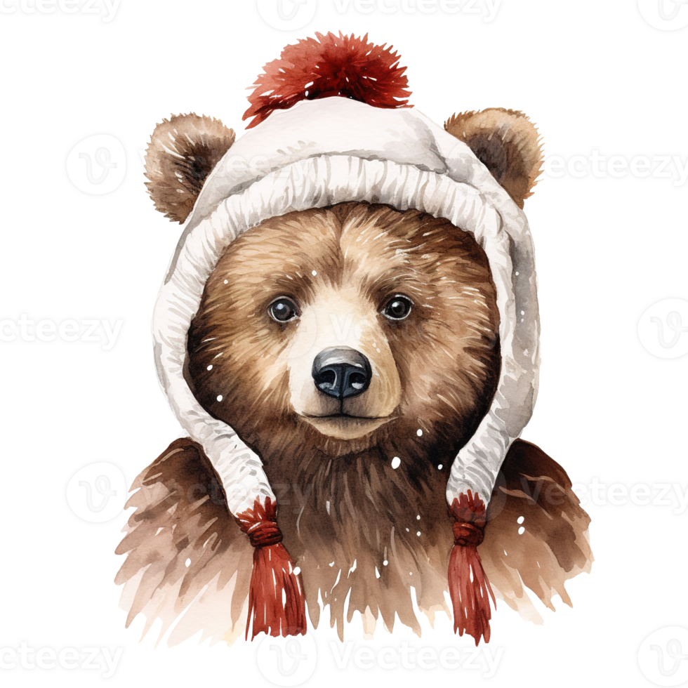 Bear Wearing Winter Clothes For Christmas Event. Watercolor Style. AI Generated png