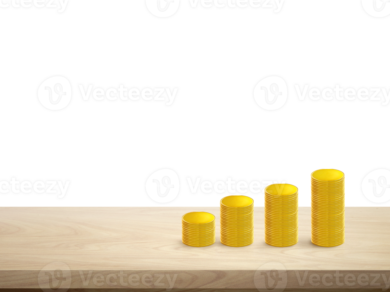 Stacks of gold coins in a row on a wooden table Isolated PNG transparent