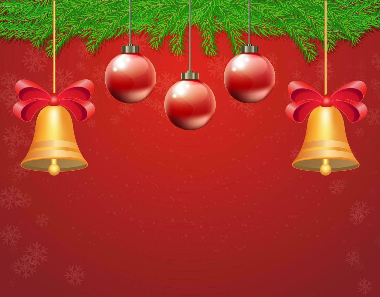 rojo Navidad tarjeta con copos de nieve y fiesta decoraciones, dorado campanas y Navidad pelotas. alegre Navidad y contento nuevo año vector ilustración.