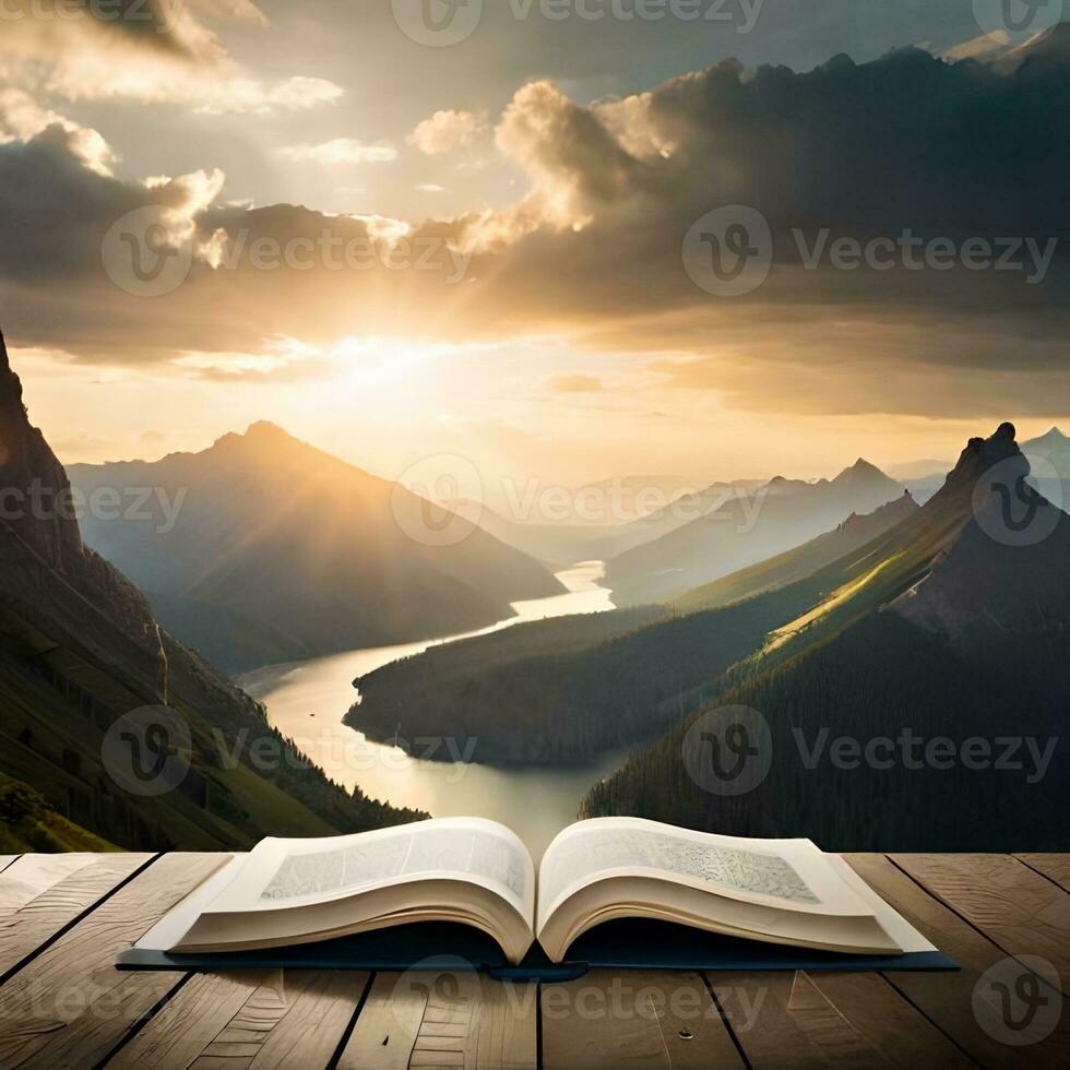 Quran Islamic religious book adjacent to the background of a mosque and beautiful views, great for blogs, websites, business, etc. Generative Ai Image photo