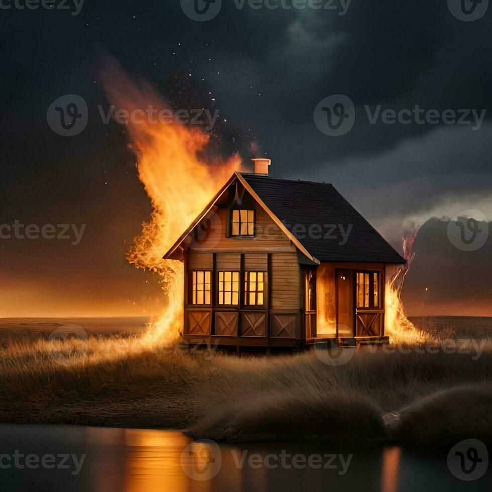 Object of smoldering fire and smoke burning one of the houses, great to use for business, company, news, social media, template, wallpaper etc. The concept of generative Ai photo