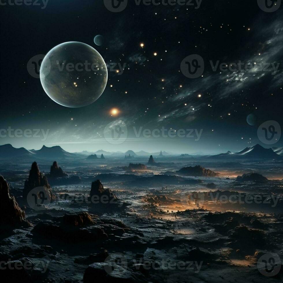 Moon in deep space view close to plain layer dark and cloudy night atmosphere, great to use for blog, website, decoration, background, business etc. Generative Ai concept photo