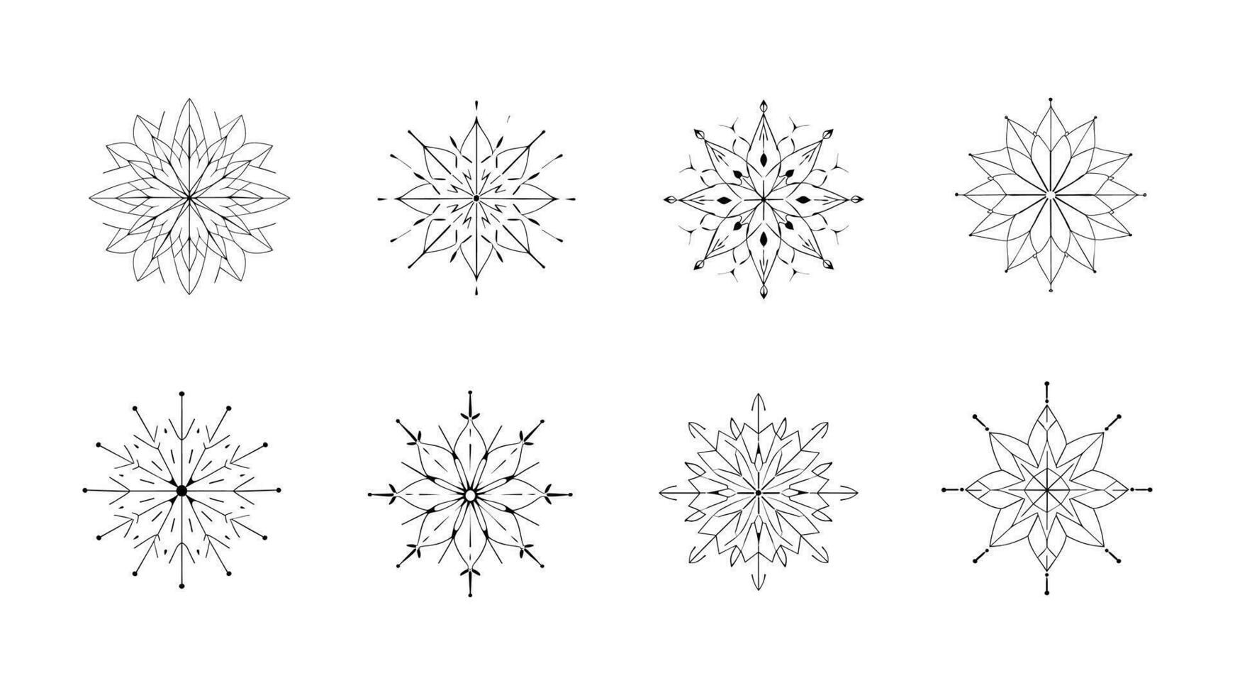 colección de copos de nieve. conjunto de adornos y floral patrones. elegante delicado siluetas negro y blanco vector aislado en blanco. invierno patrones. colección de Navidad y nuevo año elementos.