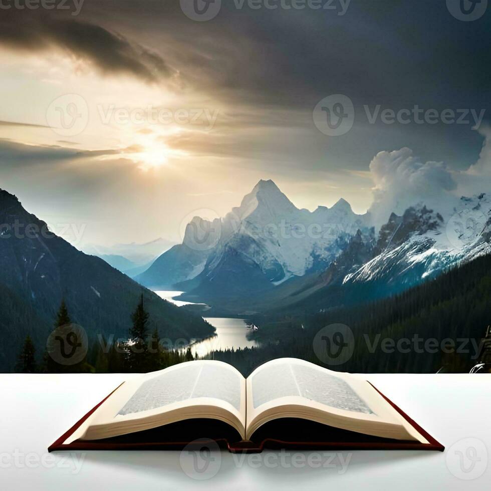 Quran Islamic religious book adjacent to the background of a mosque and beautiful views, great for blogs, websites, business, etc. Generative Ai Image photo