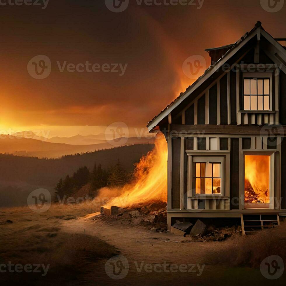 Object of smoldering fire and smoke burning one of the houses, great to use for business, company, news, social media, template, wallpaper etc. The concept of generative Ai photo