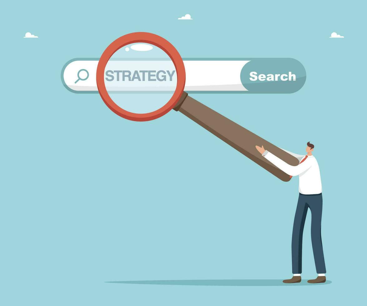 Searching for business development strategies to achieve great success, searching for the necessary information for new opportunities, man points with magnifying glass at the search bar with strategy. vector