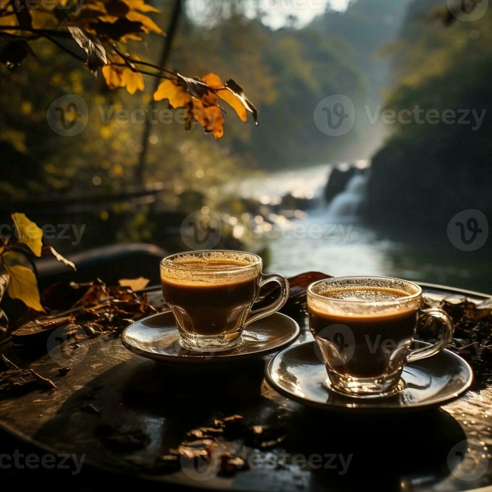 Several cups of tea and coffee on table enjoying warm drink with waterfall background, great for self healing, mood, relax, social media, business, company. image of generative Ai photo