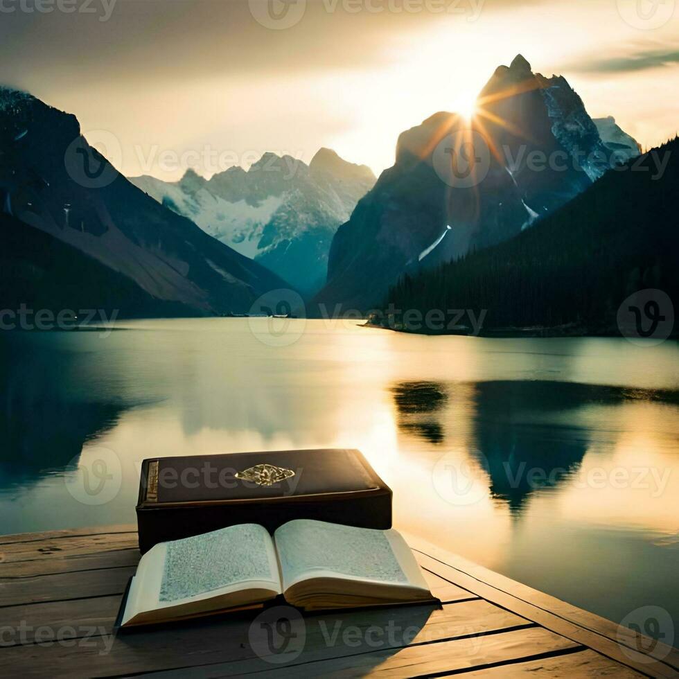 Quran Islamic religious book adjacent to the background of a mosque and beautiful views, great for blogs, websites, business, etc. Generative Ai Image photo